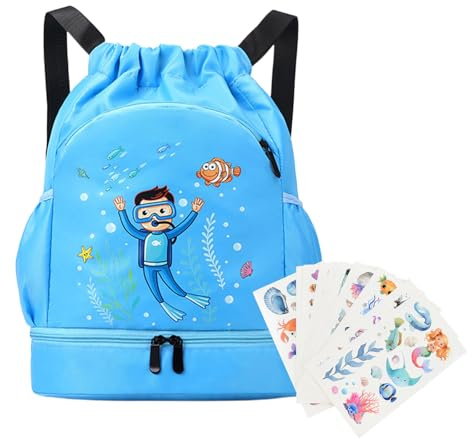 Bolsa Natación Niños con Bolsillo Impermeable, Mochila Cordón Dibujos Animados Océano, Gran Capacidad para Camping y Actividades al Aire Libre (Azul Claro)