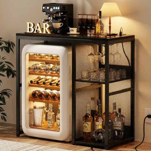 Homieasy Mini Fridge Cabinet with Power Outlet, Coffee Bar Cabinet with Mini Fridge Space, Industrial Liquor Cabinet with Wine Storage & Glass Holder for Dorm, Living Room, Home Kitchen, Black
