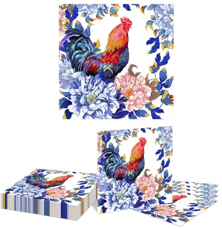 Kotkiddy 20 Stück Hahn Servietten, Blaue Blumen Einweg Servietten, Ländliche Blumen Geflügel Dessert Abendessen Hand Servietten für Landhaus Zubehör