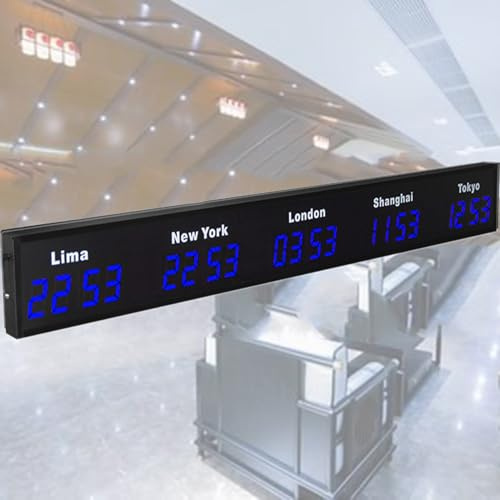 Orologio Mondiale, Orologio da Parete Digitale a LED con 3/4/5 Fusi Orari, Orologio da Parete per Interni con Fusi Orari, per Ufficio/Casa/Scuola,Blue-5City