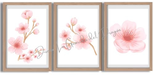 La Guarida del Dragón Set de 3 láminas flor de cerezo sin marco – Impresión artística premium – Tamaño A4 (21x30 cm) – Arte floral japonés para decoración de pared