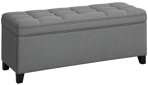 HOMCOM Banc de Rangement 112L Banquette Bout de lit Coffre de Rangement avec siège capitonné, Tissu de Lin, pour Salon, Chambre, entrée, 120 x 40 x 48 cm, Gris foncé