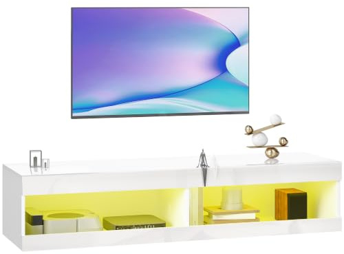 HOMCOM TV Schrank TV Board Hängend 140 x 40 x 30 cm Hochglanzweiß | RGB LED-Beleuchtung 16 Farben, Offener Stauraum, TV Lowboard, 55-60 Zoll Fernseher, Wohnzimmer, Schlafzimmer