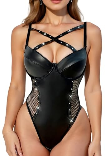 Adigau Donna Body in Pelle PU Discoteca Tuta Wetlook Scollo V Cinturino Incrociato Sexy Lingerie da Festa Costume Clubwear Aderente Nero XL