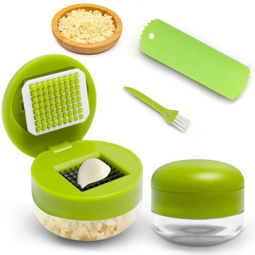 Vitlöksskalare, Garlic Press, vitlökspress-set med 2 skärare i rostfritt stål, vitlökshackning, rengöringsborste, för vitlök, ingefära, frukt, enkel rengöring