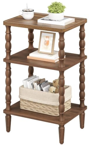 HOOBRO Side Table, 3-Tier Small Table with Solid Wood Legs, Retro Bedside Table Sofa Table with Open Shelf, Nightstand, Accent Table for Small Space, Living Room, Bedroom, Walnut EWL225BZ01