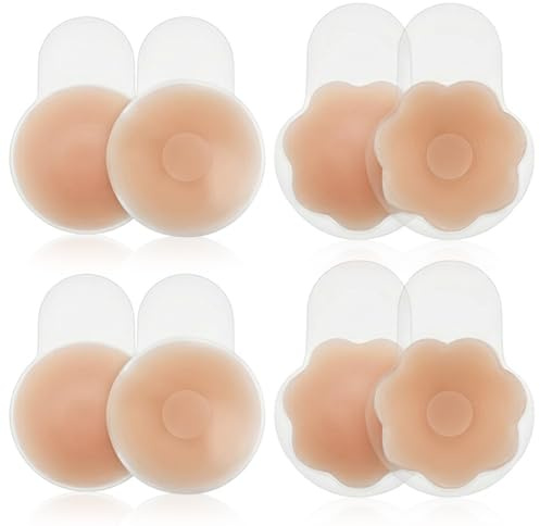 4 Paires Cache-Tétons Adhésifs Silicone Fleur Cercle Push Up Invisible | Cache-tétons adhésifs en silicone avec effet push up, invisibles sous les vêtements, parfaits pour robes dos nu et mariées