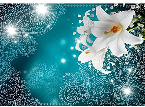 Runa Art Fototapete Lilien Blumen Ornament 352 x 250 cm Vlies Tapeten XXL Moderne Wandtapete Wohnzimmer Schlafzimmer Türkis 9196011a