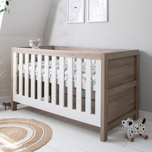 Tutti Bambini Modena Baby Cot Bed - 3-in-1 Wooden Baby Crib, Toddler & Day Bed with Teething Rails & Adjustable Base, from Birth to 6 Years, Oak & White (140 cm x 70 cm)