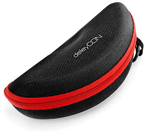 deleyCON Brillenetui Hardcase Hartschalen Etui Brillentasche Brillenbox Hardcover Tasche Sportbrillen Fahrradbrillen Brillen Lesebrillen Sonnenbrillen Brillenputztuch - Schwarz Rot