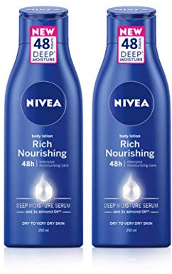 NIVEA Rich Nourishing Body Lotion, Pack of 2 (2 x 250ml), 48hr Replenishing Body Lotion, Intensive Moisturising Cream with Almond Oil, Creamy Hydrating Formula