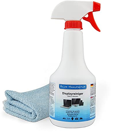 Blum Manufaktur - Detergente display da 500 ml + panno in microfibra 30 x 30 cm - Pulitore schermo per una pulizia senza striature di tutti gli schermi e display.