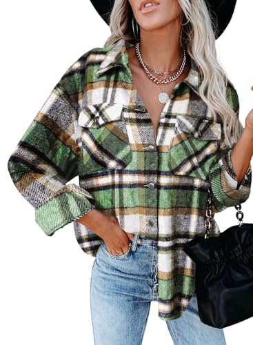 Dokotoo Womens Vintage Plaid Button Down Shirts Retro Checked Roll Up Long Sleeve Cotton Blouses Tee Cardigans Juniors Oversized Turn Down Collar T-Shirts Outerwear Work Green L