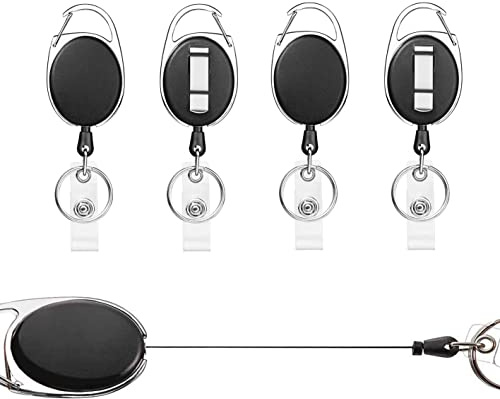 Llavero Retractil,4 Piezas Llavero Extensible Retractil, Para Porta Tarjetas Identificativas, Tarjetas,funda tarjeta identificación portatarjetas colgante (Negro 4 Piezas)