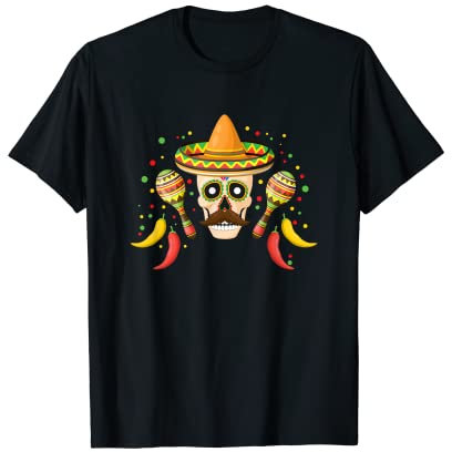 Calavera Messicano Sombrero Fiesta Giocatore Maracas Maglietta