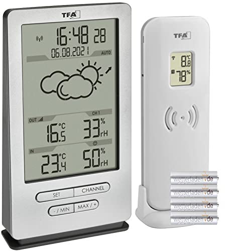 TFA Dostmann Funk Wetterstation Xena, 35.1162, mit Außensensor, Innen und Außentemperatur, mit Wettervorhersage, inkl Funkuhr, Luftfeuchte, zum Stellen/Hängen (silber mit Batterien)