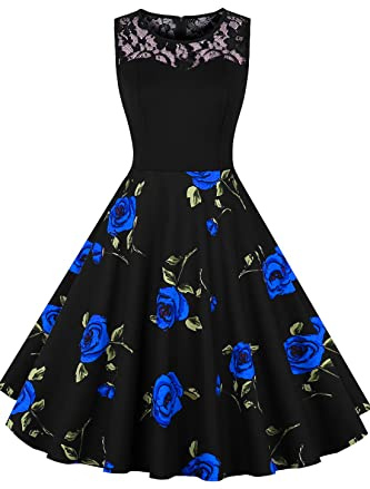 AXOE Women's Vintage Fit & Flare Dress 1950s Style Floral Print Sleeveless, Below Knee, UK Size 16 | Fitted Stretch Bodice & Cotton Flare Skirt, Lightweight, A-Line, Knee-Length for Cocktail Party, Brunches, Wedding Guest