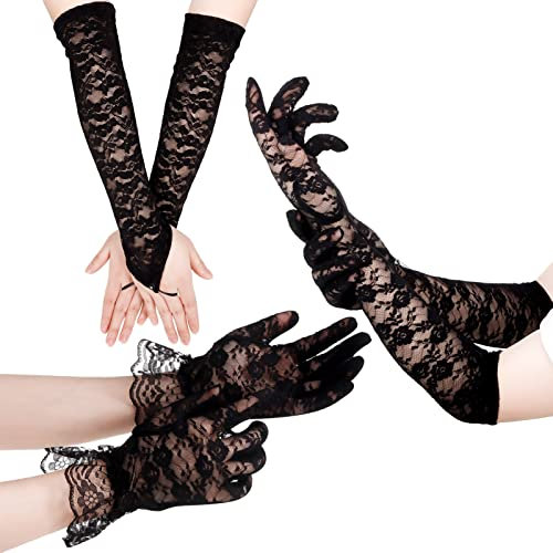 ALTcompluser 3 Paar spitzenhandschuhe schwarz Damen Lang Spitze Fingerlose Handschuhe Set Hochzeit Braut Fasching Karneval Opera Tee Party Handschuhe
