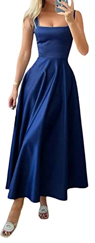 Damen Y2K Boho Bustier Maxikleid ärmellos Träger quadratischer Ausschnitt rückenfrei Vintage Swing A-Linie Midikleid Strand Sommerkleid