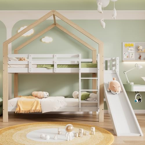 Idemon Etagenbett mit Rutsche 90×200 cm (Massivholz, Weiß+Natur)，Kinderbett mit 3-Stufen-Leiter & Absturzsicherung – Sicher, stabil & platzsparend，Ohne Matratze