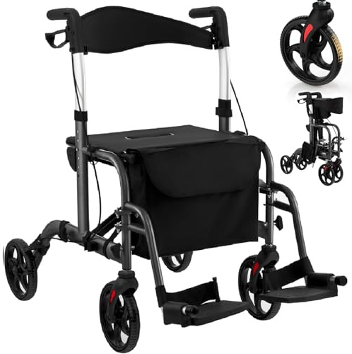RELAX4LIFE Déambulateur 4 Roues, Déambulate Pliable Léger Aluminium, Poignée Réglable 85-98 CM, Dossier Réversible, Siège, Repose-Pieds, Porte-Canne, Rollator Adulte pour Agés Handicapés (Noir)