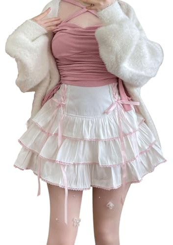 Cuteighteen Lolita Minikjol Kvinnor Byxkjolar Kawaii Lager volanger Hög midja Snörning En linje Söta kjolar för tonårsflickor, Vitt, S
