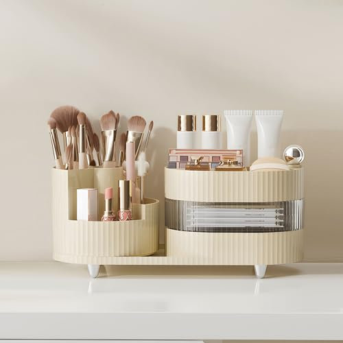 MUUKAIII 360° Drehbarer Organizer, Make Up Pinsel Organizer, Schmink Organizer, Kosmetikregal Kosmetik Organizers für Zimmer Decor Frisiertisch, Schlafzimmer, Badezimmer - Cream Weiß