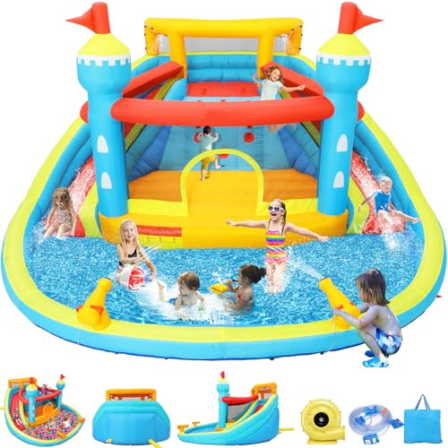 Casetta gonfiabile per rimbalzo, 35 x 40 x 20 m, Mega parco acquatico con grande parete da arrampicata, 2 cannoni ad acqua e piscina gigante per feste in giardino con borsa portaoggetti e ventilatore