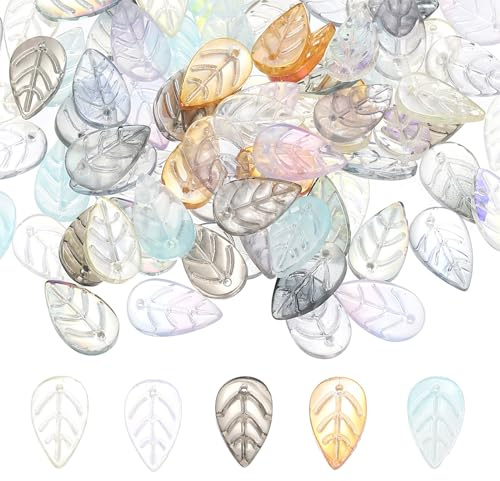 PATIKIL Leaf Beads, 100Pcs Crystal Leaf Beads Translucent, Multicolored | Colorful Czech Glass Beads Spacer Bead for DIY Jewelry Making Bracelets Necklace