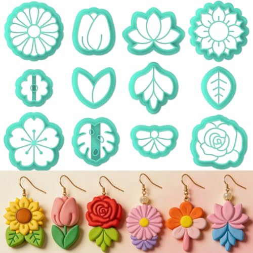 ORIGACH 12 Stück Blumen Polymer Clay Ausstecher Ohrringe | Polymer Clay Cutters Mit Aufbewahrungsbox Geometrische Modelliermasse-Ausstecher für Schmuckherstellung DIY Ohrringe