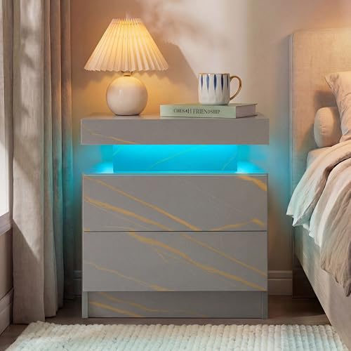 Cubehom Nachttisch mit LED-Beleuchtung, 2 Schubladen, Nachtschrank | Beistelltisch in Grau-Gold mit 16 RGB-Farben, App- & Fernbedienung, 49 × 35 × 52 cm