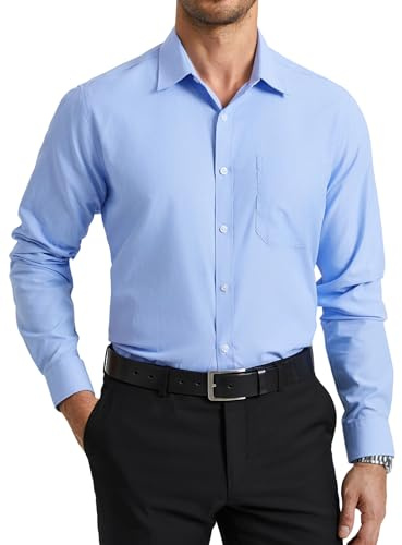 HISDERN Sky Blue Shirts for Men Adult Formal Men's Dress Shirt Long Sleeve Smart Casual Plain Regular Fit Business with Pocket 4XL