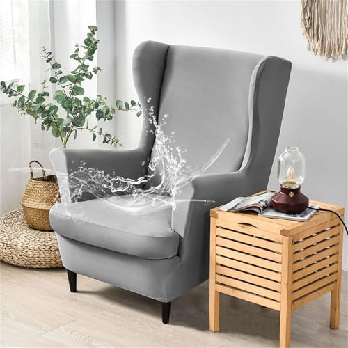 Hixingo Wingback Chair Covers 2 Piece Set, Soft Design Armchair Covers, Stretch Chair Covers, Water Proof Wing Chair Slipcover for Living Room Bedroom Hotel Furniture Protector (Silver Gray)