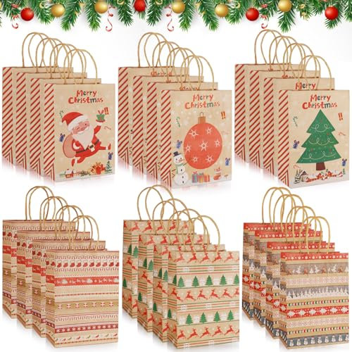 24 Stück Geschenktüten Weihnachten, Weihnachtstaschen Mit Griff, Weihnachtstüten Papier, 6 Verschiedene Muster,Geeignet Für Weihnachtsfeiern, Geburtstagsfeiern, Zum Verpacken Von Geschenken(21x15x8cm)