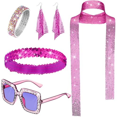 NebulaGlam 70-tals disco tillbehör: kostym, glitter, manschetter, solglasögon, örhängen, armband, pannband, 70- och 80-tal outfit, dam för karneval, Rosa röd