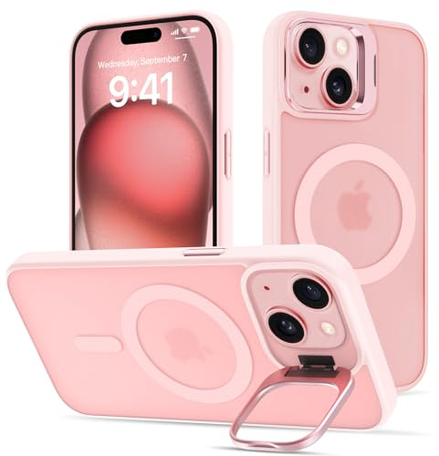 nicekool Cover per iPhone 15 MagSafe con Cavalletto, Magnetica Custodia con Supporto per MagSafe Fotocamera Regolabile Integrato Traslucida Opaca Posteriore Sottile Antiurto Case, Rosa traslucido