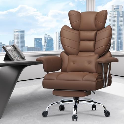 naspaluro High Back PU Leather Ergonomic Computer Recliner, Big Tall Executive Desk Office Chair with Armrests/Footrest, Comfy Heavy Duty Swivel Study Chairs, Adjustable Home Office Brown Work Chair