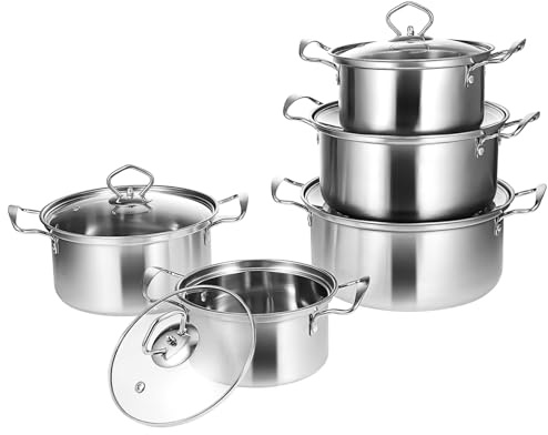 SECFOU Stainless Steel Pot Set 5 Pieces with Glass Lids, Double Handles, Enhanced Durability, Large Capacity Stockpots for Versatile Use on Induction Hob Cookware Set