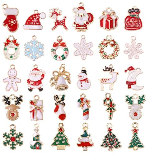 Lilbitty 30 Stück Weihnachtsanhänger, Gold Emaille Charms DIY Schmuckzubehör, Anhänger für Armband, Halskette, Ohrringe, Weihnachtsdeko Anhänger, Kreative Weihnachtsornamente, Deko für Bastelprojekte