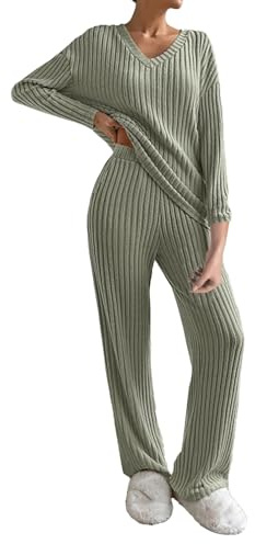 Generisch Mujer 2024 Moda Casual Pantalones de Pierna Recta Sueltos Cuello en V Conjunto de Punto Mujer Moda Embarazada, verde, L