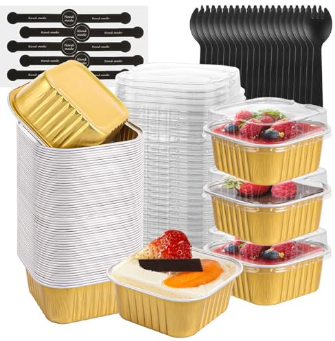 SHUESS 300 PCS/100 Sets Mini Loaf Cake Cases - Mini Loaf Tins with Lids and Spoons - 175ML Reusable Aluminum Mini Cake Tins - Square Baking Tin with Stickers for Cake Bread Baking (Gold)