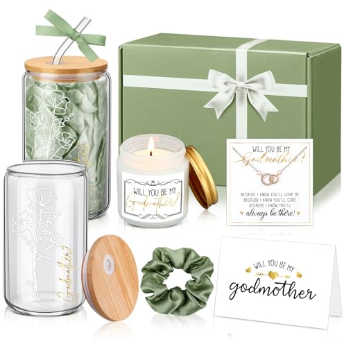 Singhoow 6 Pcs Godmother Proposal Gift Set, Will You Be My Godmother Gift Box, 16oz Glass Cup, Necklace & Scented Candle from Godchild for Baptism Mother’s Day Birthday(English,Sage Green)