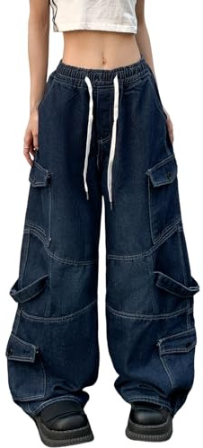 Veryin Y2K Jean baggy pour femme - Pantalon cargo en denim - Taille haute - Décontracté - Jambes larges - Cordon de serrage - Pantalon boyfriend avec poches, S