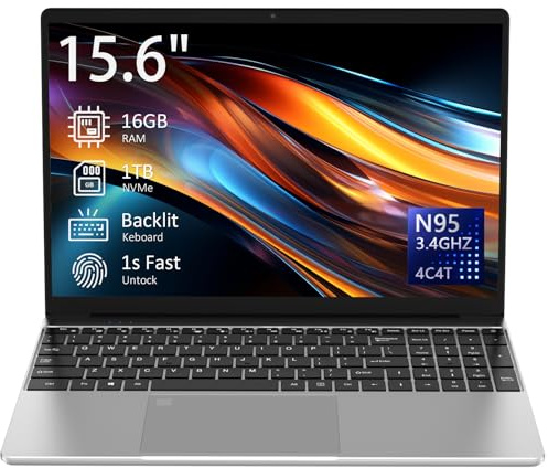 Auusda Business Laptop Computer for Work, Notebook PC for College Students, 15.6 FHD Display, 4-Core Processor, Backlit Keyboard, Fingerprint ID, Up to 10TB Storage, 16GB DDR4 RAM, 1TB NVMe, Silver