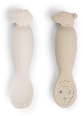 Done by Deer Lernlöffel-Set Tiny Farm Sandfarben, Silikon - Starter Breilöffel Fütterlöffel Baby Selbst Essen, Esslernbesteck ab 4 Monaten - Kinderlöffel Baby LED Weaning (BLW) Zubehör