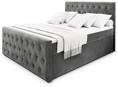 Masseno Boxspringbett FONDI 180x200 cm Komplett-Set mit Matratze und Topper, Polsterbett mit Zwei Bettkästen -Grau, Casablanca 15