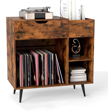 COSTWAY Record Player Stand with Charging Station, Turntable Stand End Side Table with Drawer, 3 Dividers and Shelves, Albums Vinyl Record Storage Cabinet Holder for Living Room Bedroom (Rustic Brown)