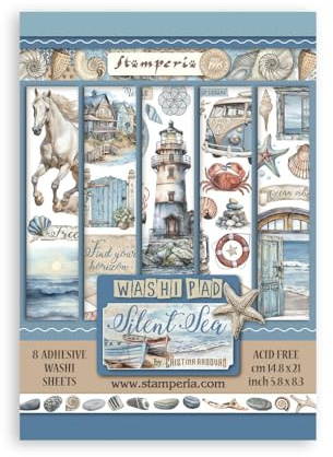 Stamperia - Washi Pad for Scrapbooking, Albums, Card Making, Bullet Journalling and More, Translucent, Easy to Cut, Acid Free, Perfect for Hobbies, Crafts and Gifting (Silent Sea) (A5) (8 Sheets)