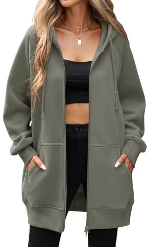 Vancavoo Sweatjacke Damen mit Kapuze Lange Fleecejacke Übergangsjacke | Kapuzenpullover Hoodie Jacke Frühling Herbst Kapuzenjacke, Zwei-Wege-Reißverschluss und Seitentaschen