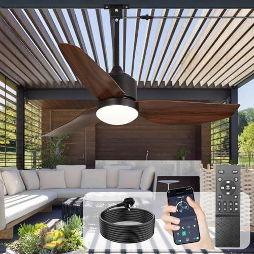 Depuley Outdoor Ceiling Fan with Light: 42 Walnut Hanging Fan for Gazebo Waterproof - Plug in Outdoor Fans for Patio Porch Pergola with APP Remote Control Reversible DC Motor